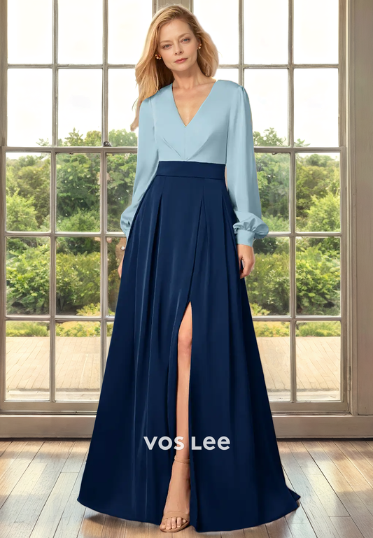 A-Line V-Neck Long Sleeves Floor-Length Chiffon Mother of the Bride Dress