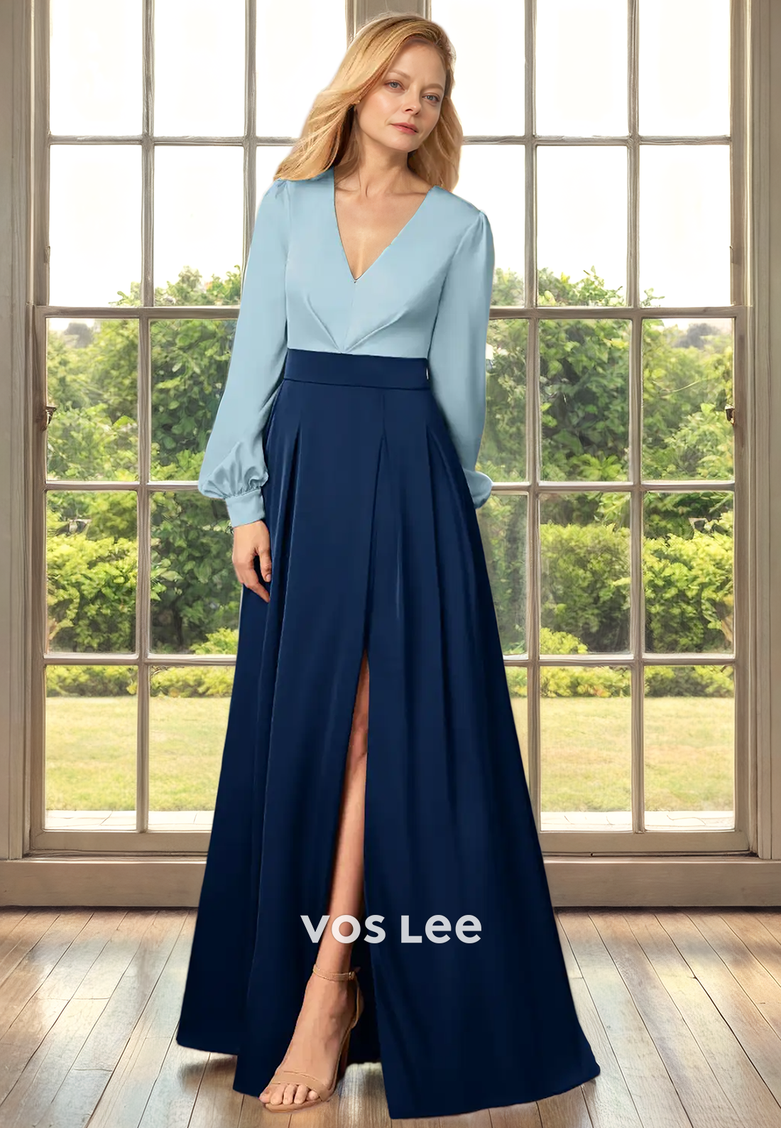 A-Line V-Neck Long Sleeves Floor-Length Chiffon Mother of the Bride Dress