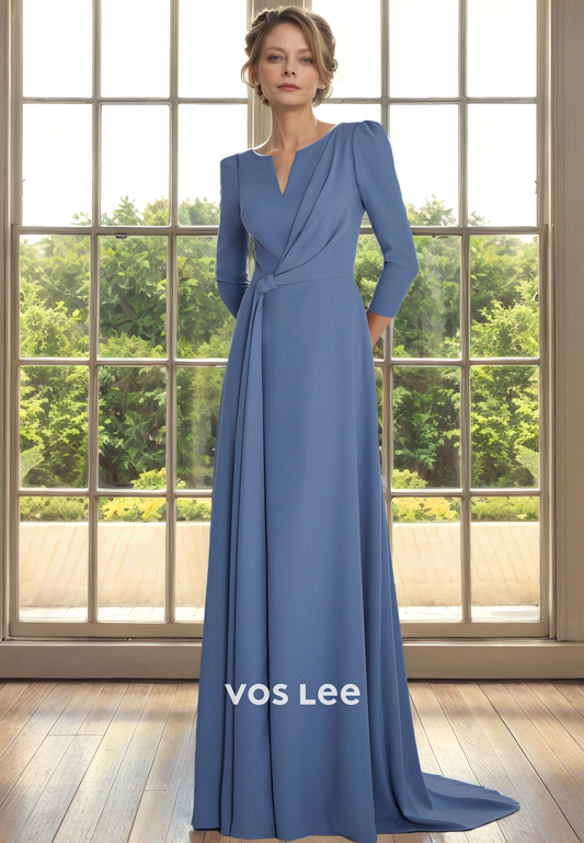 Simple V Neck Long Sleeves Column Ruched Sweep Train Mother of the Bride Dress