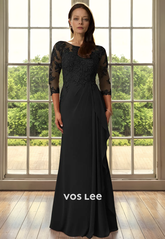 A-Line Bateau Illusion 3/4 Sleeves Floor-Length Mother of the Bride/Groom Dress with Applique Lace