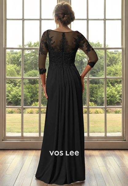 A-Line Bateau Illusion 3/4 Sleeves Floor-Length Mother of the Bride/Groom Dress with Applique Lace