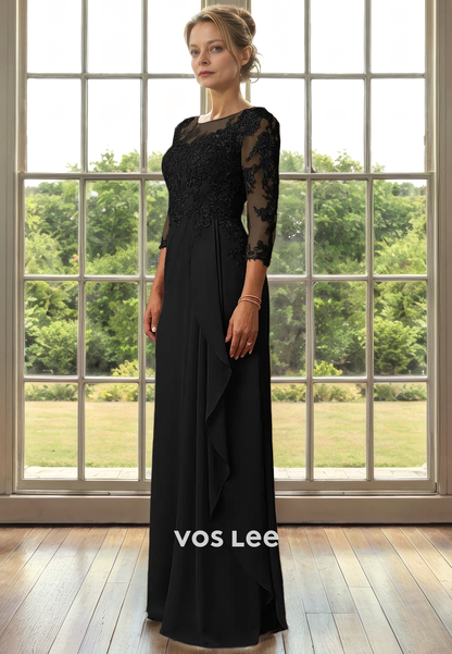 A-Line Bateau Illusion 3/4 Sleeves Floor-Length Mother of the Bride/Groom Dress with Applique Lace