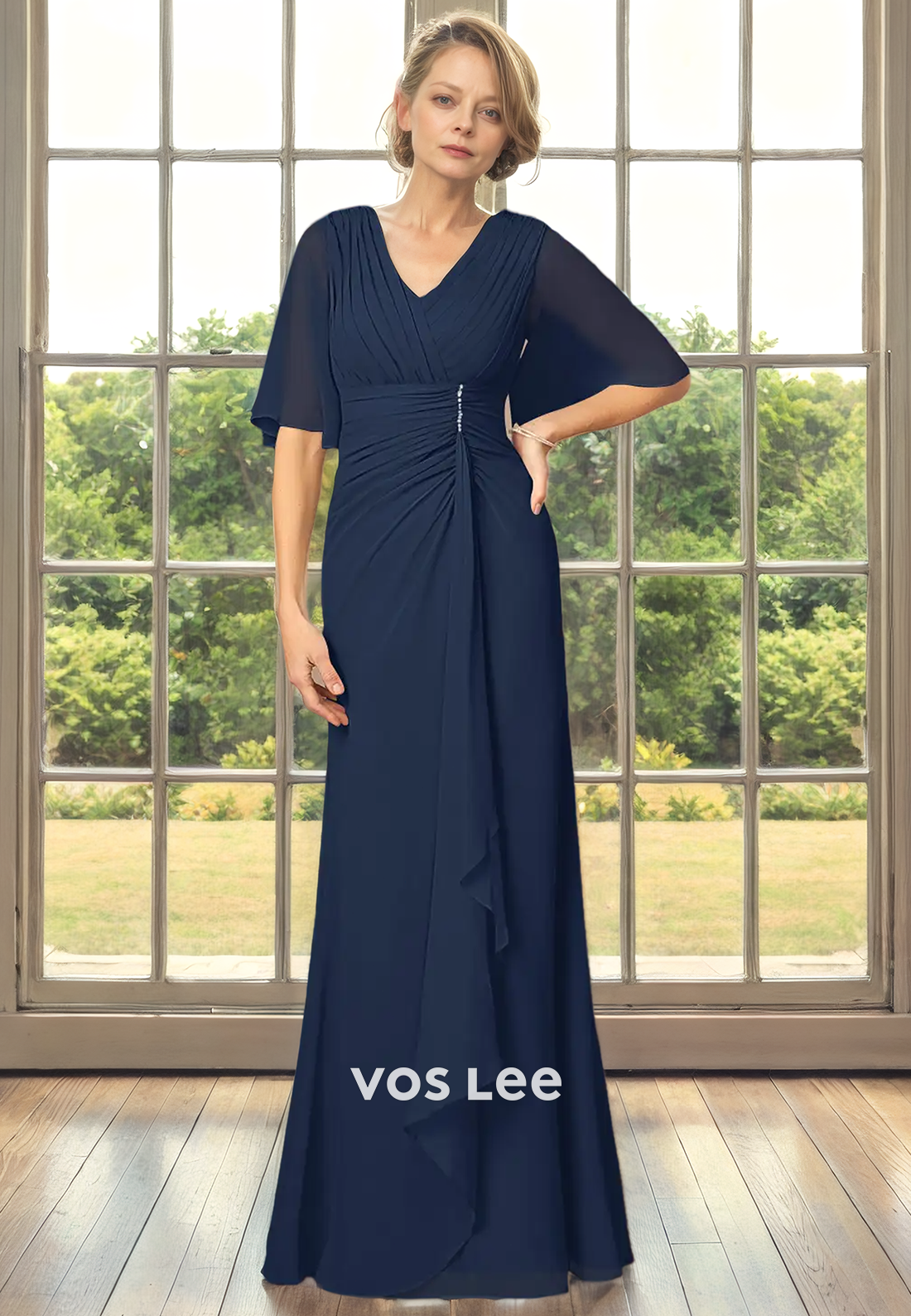 Sheath/Column V-Neck Bat Sleeves Floor-Length Chiffon Mother of the Bride Dress