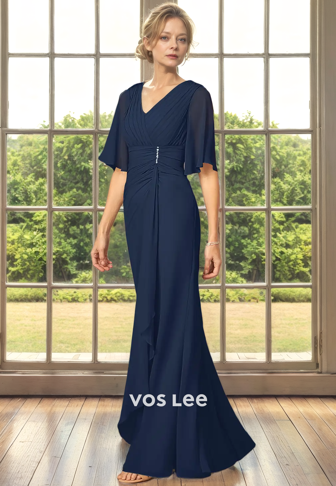 Sheath/Column V-Neck Bat Sleeves Floor-Length Chiffon Mother of the Bride Dress