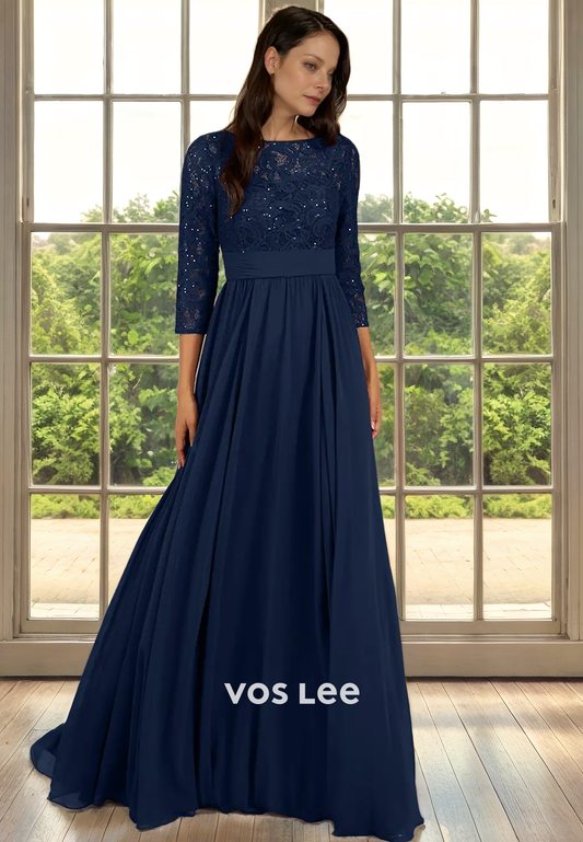 A-Line Bateau Illusion 3/4 Sleeves Floor-Length Lace Chiffon Mother of the Bride Dress with Appliques