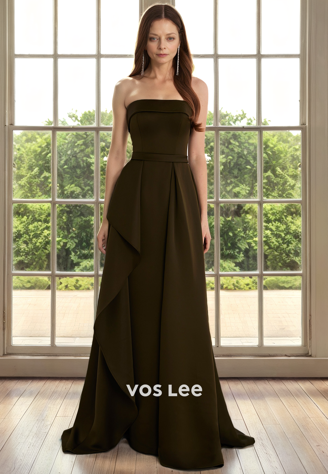 Black Strapless A-Line Sweep Train Ruffled Satin Mother of the Evening Dress