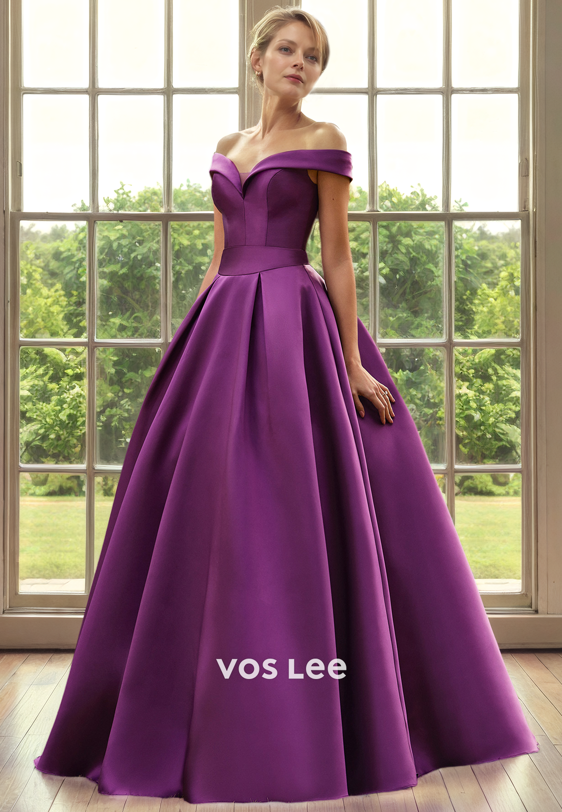 A-Line V-Neck Off Shoulder Floor-Length Satin Mother of the Bride Dress/Cocktail Dress