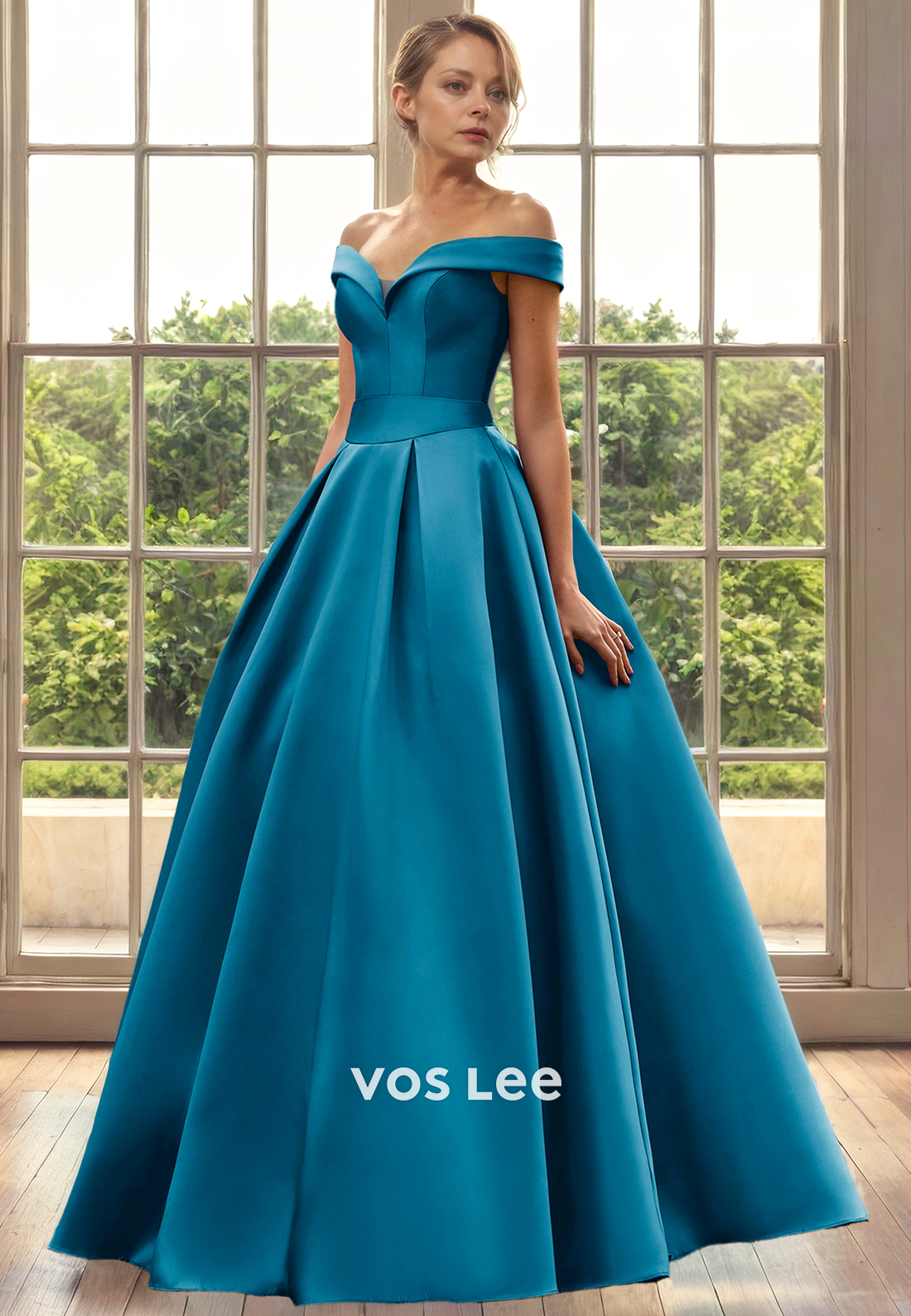 A-Line V-Neck Off Shoulder Floor-Length Satin Mother of the Bride Dress/Cocktail Dress