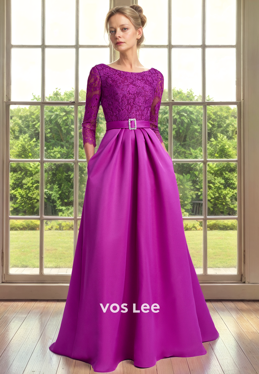 Modest Bateau Lace Appliques Long Sleeves Satin Mother of the Bride Dress