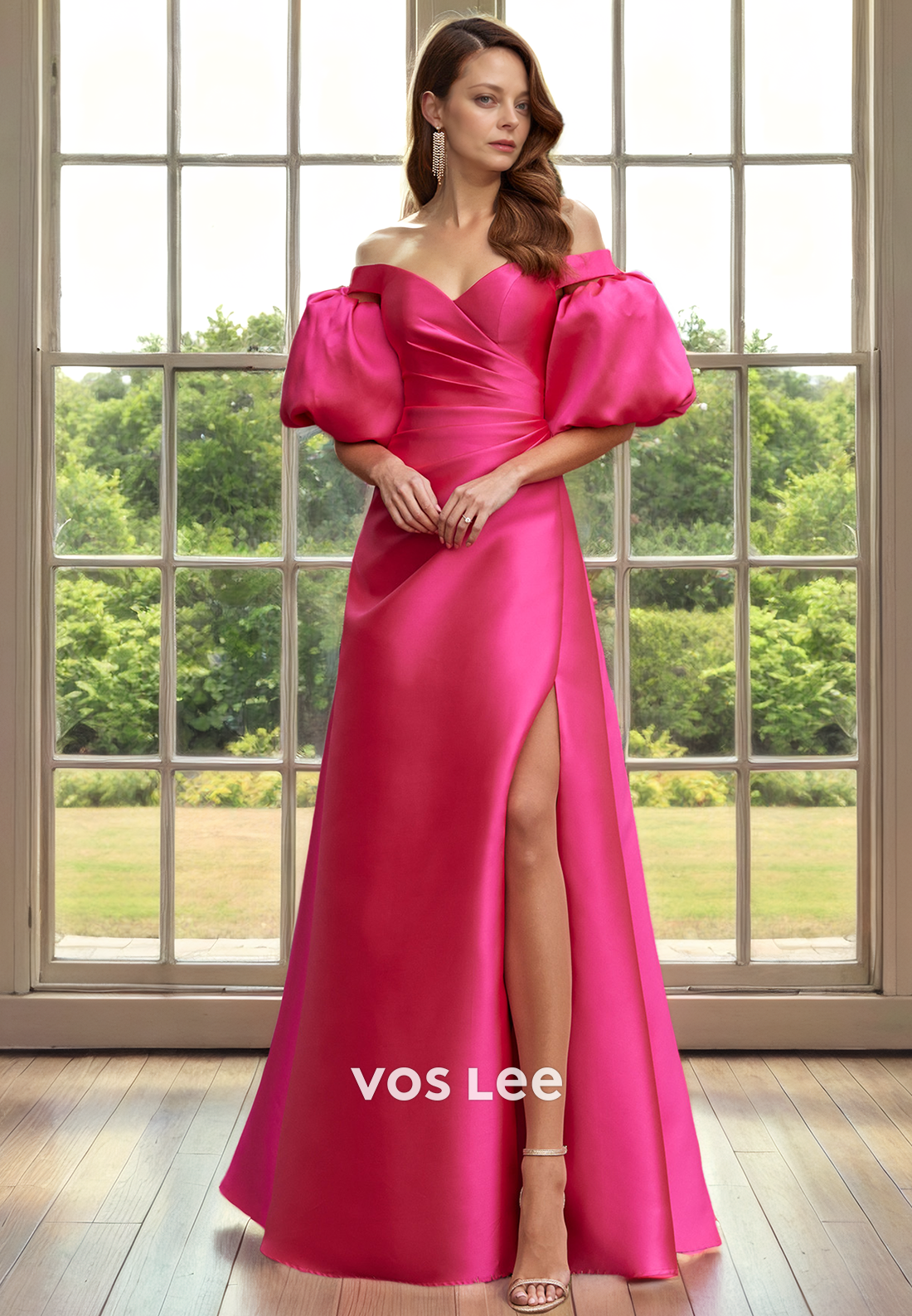 A-Line V-Neck Off Shoulder Floor-Length Satin Mother of the Bride Dress/Cocktail Dress