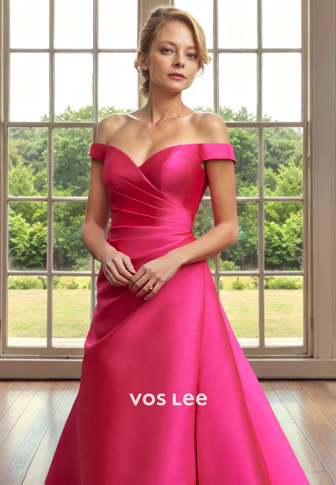 A-Line V-Neck Off Shoulder Floor-Length Satin Mother of the Bride Dress/Cocktail Dress