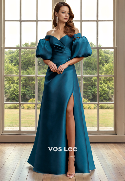 A-Line V-Neck Off Shoulder Floor-Length Satin Mother of the Bride Dress/Cocktail Dress