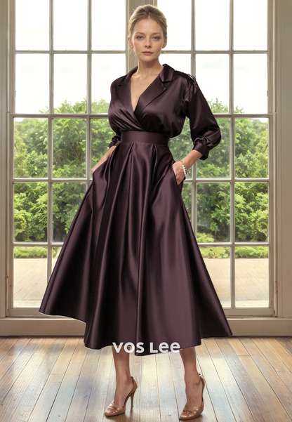 Classy A-Line V Neck Long Sleeves Belt Tea Length Mother of the Bride Dress