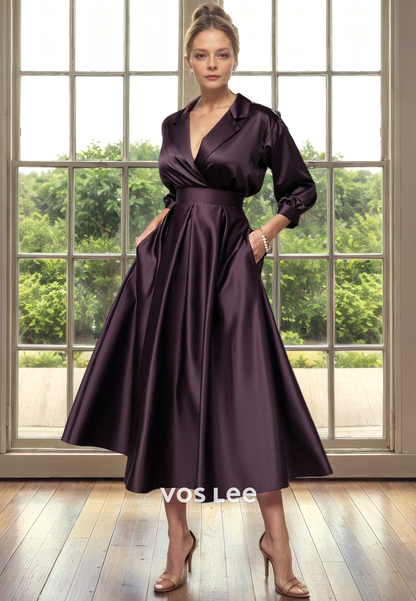 Classy A-Line V Neck Long Sleeves Belt Tea Length Mother of the Bride Dress