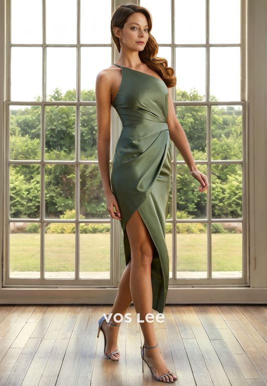 Sheath/Column One Shoulder Sleeveless Tea-Length Pleated Sation Mother of the Bride Dress/Cocktail Dress