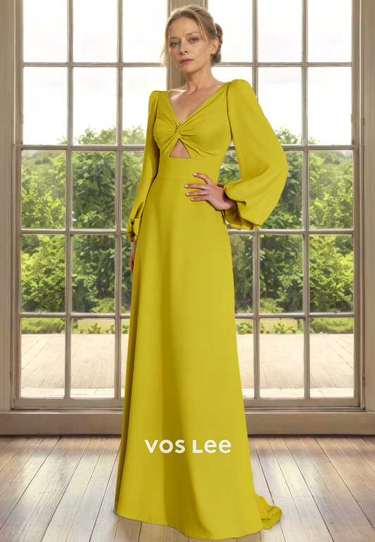 Sexy Column V Neck Long Sleeves Backless Sweep Train Mother of the Bride Dress