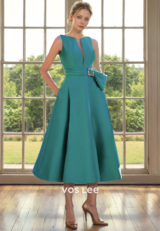 A-Line Bateau Sleeveless Tea-Length Satin Mother of the Bride Dress/Cocktail Dress