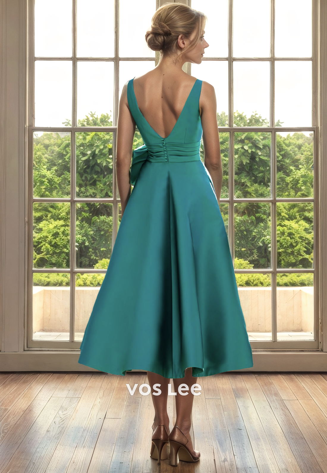 A-Line Bateau Sleeveless Tea-Length Satin Mother of the Bride Dress/Cocktail Dress