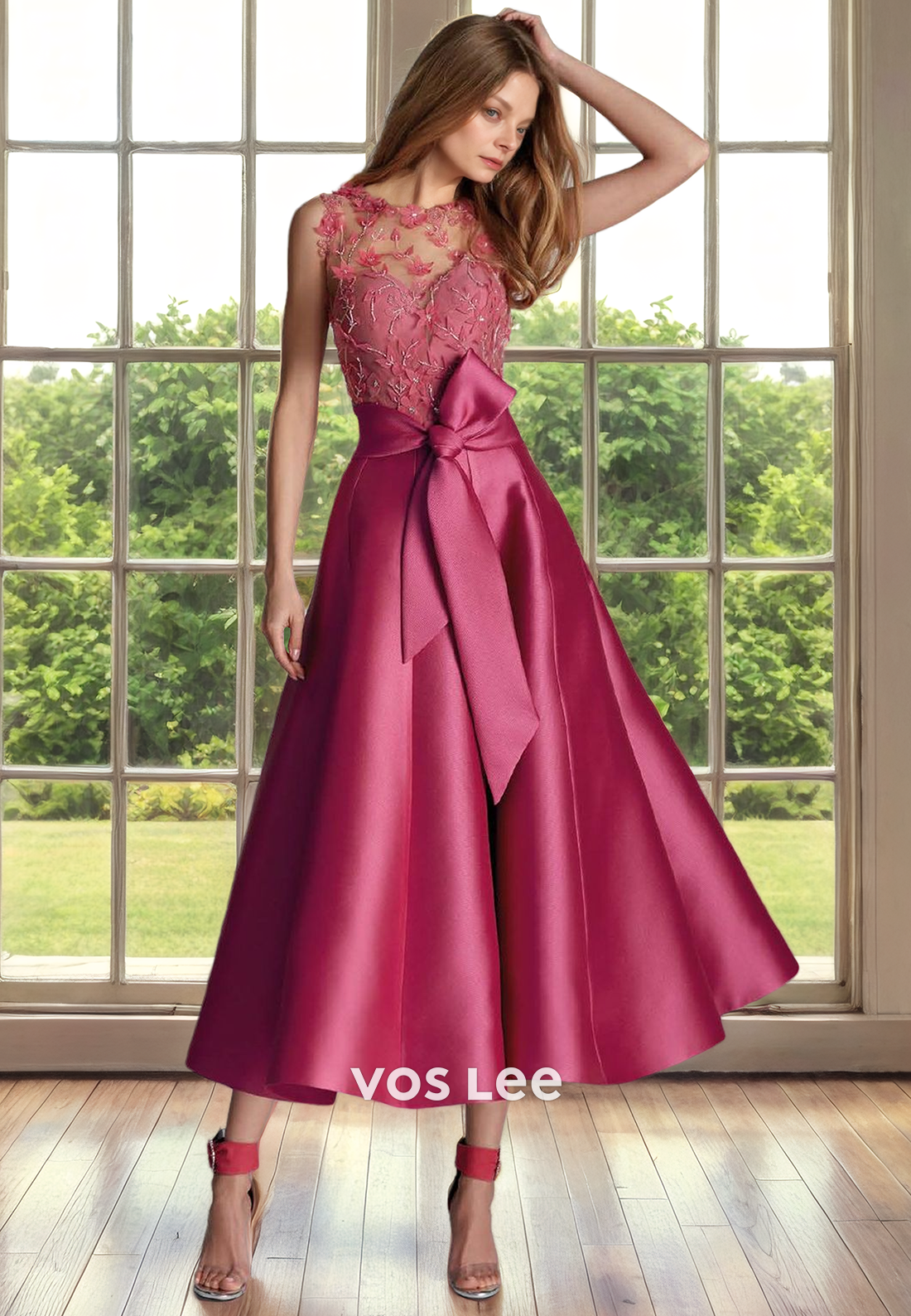 A-Line Bateau Illusion Tea-Length Satin Mother of the Bride Dress with Appliques and Bow