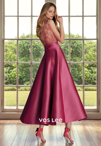 A-Line Bateau Illusion Tea-Length Satin Mother of the Bride Dress with Appliques and Bow