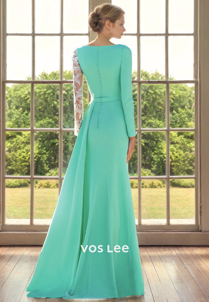 Sheath/Column V-Neck Long Sleeves Floor-Length Pleated Satin Mother of the Bride Dress