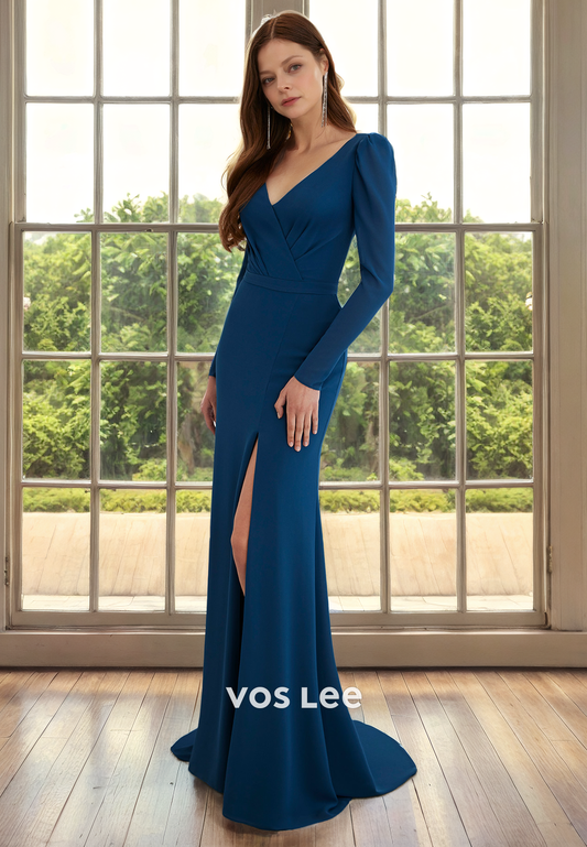 Column V Neck Long Sleeves Ink Blue Side Split Draped Satin Mother of the Wedding Guest Dress