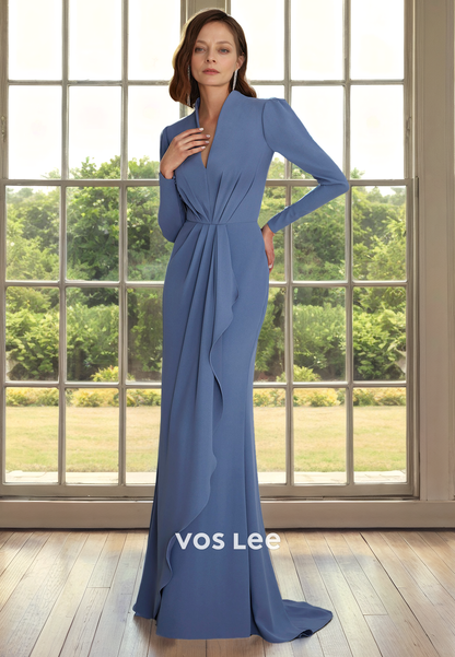 Classy V Neck Column Long Sleeves Ruched Sweep Train Satin Mother of the Formal Dress