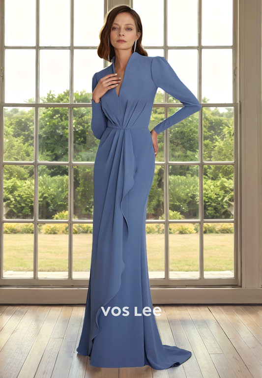 Classy V Neck Column Long Sleeves Ruched Sweep Train Satin Mother of the Formal Dress