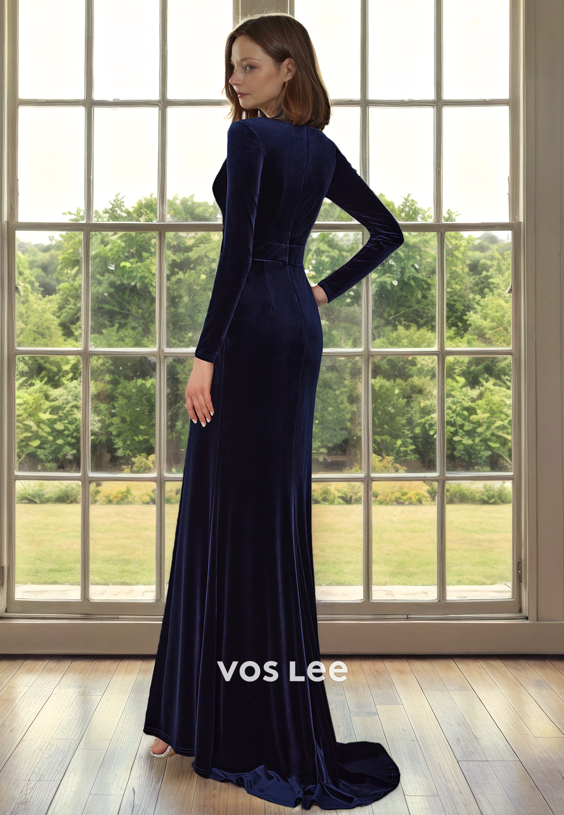 Elegant Sheath V Neck Long Sleeves Sweep Train Satin Mother of the Evening Dress with Split