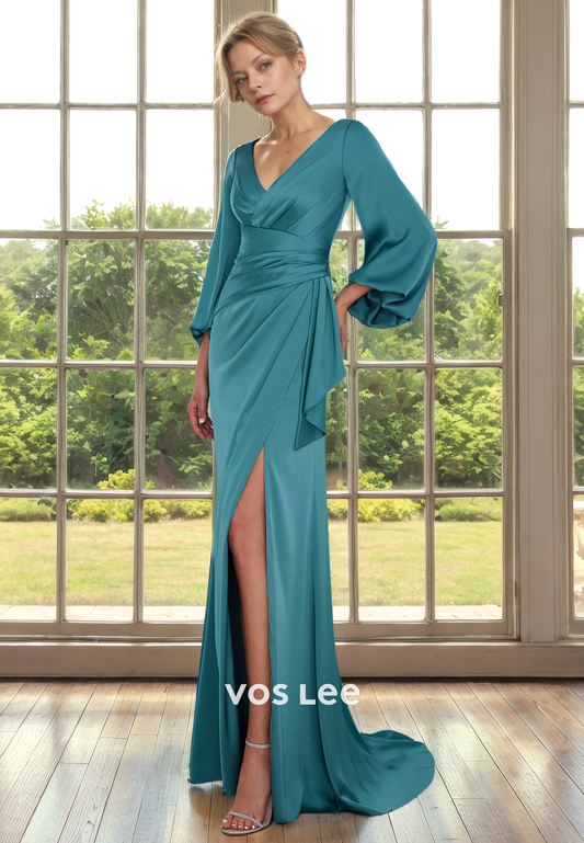 Unique V Neck Long Sleeves Column Draped Ruffled Side Split Mother of the Formal Dress