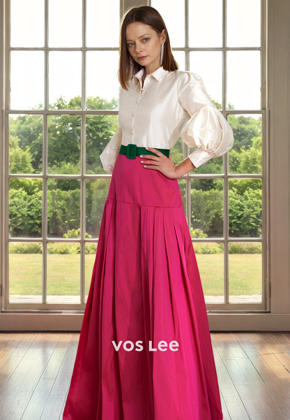 A-Line V Neck Long Sleeves Button Belt Pleated Floor Length Mother of the Bride Dress