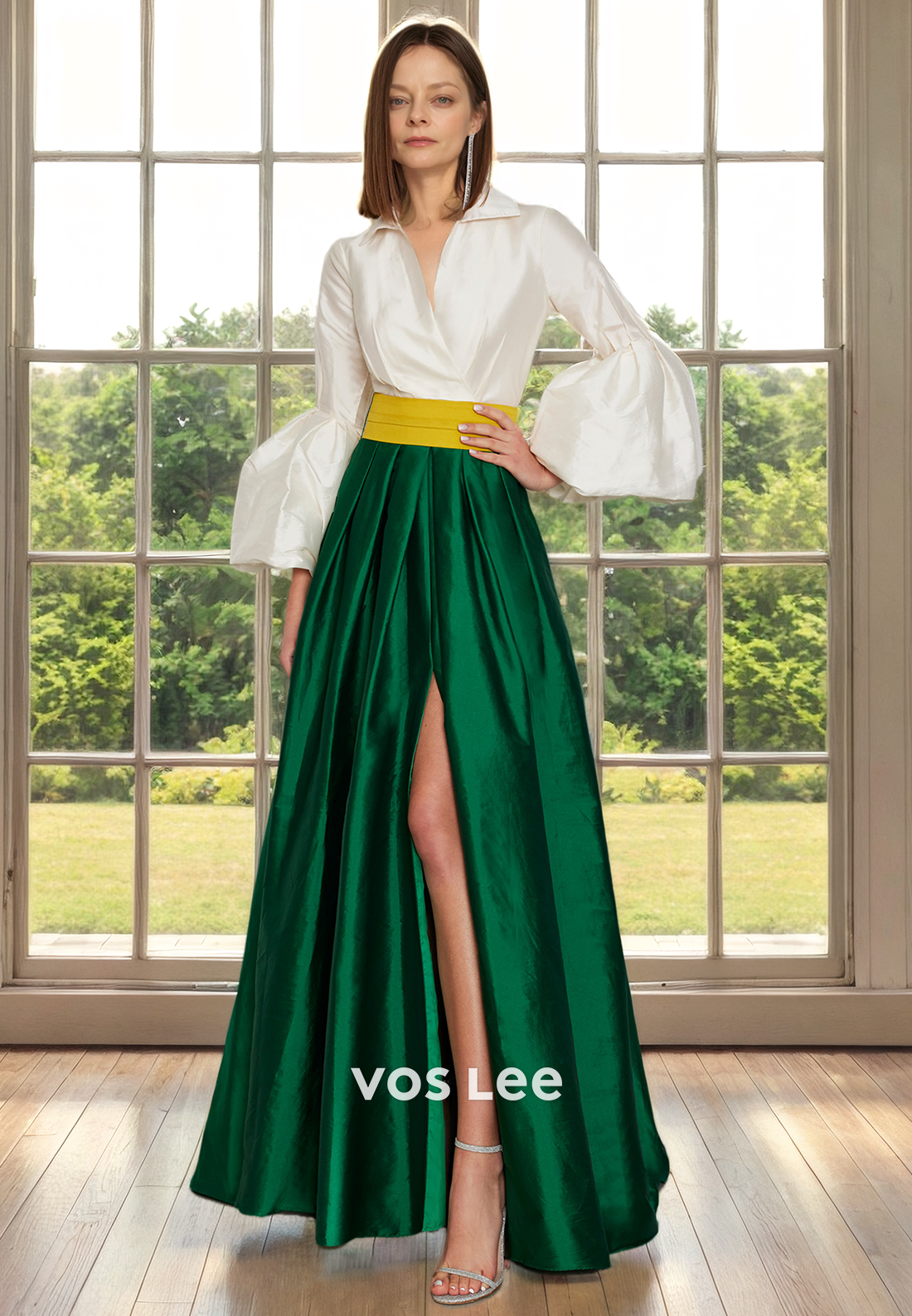 A-Line V Neck Long Sleeves Button Belt Pleated Floor Length Mother of the Bride Dress