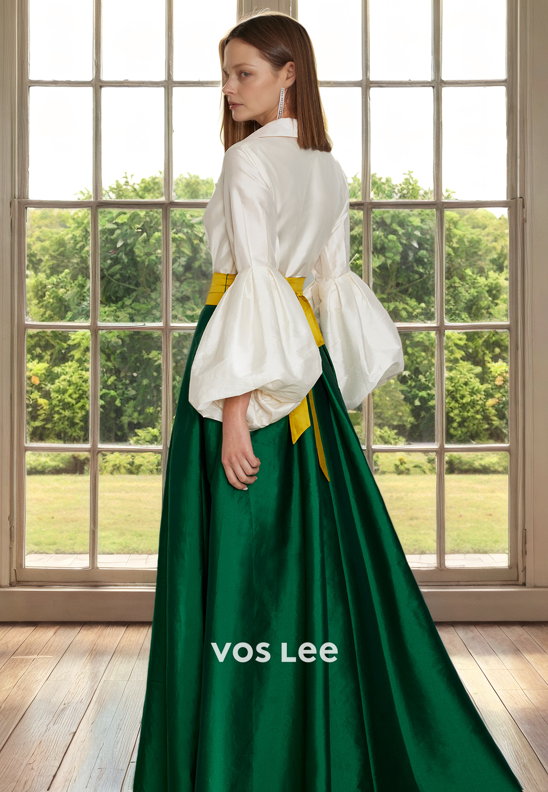 A-Line V Neck Long Sleeves Button Belt Pleated Floor Length Mother of the Bride Dress