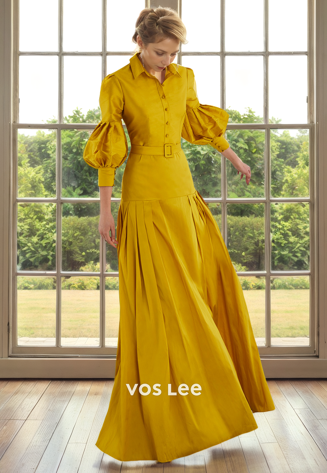 A-Line V Neck Long Sleeves Button Belt Pleated Floor Length Mother of the Bride Dress