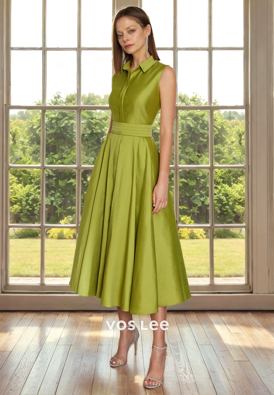 A-Line V Neck Sleeveless Button Pleated Tea Length Satin Mopther of the Formal Dress