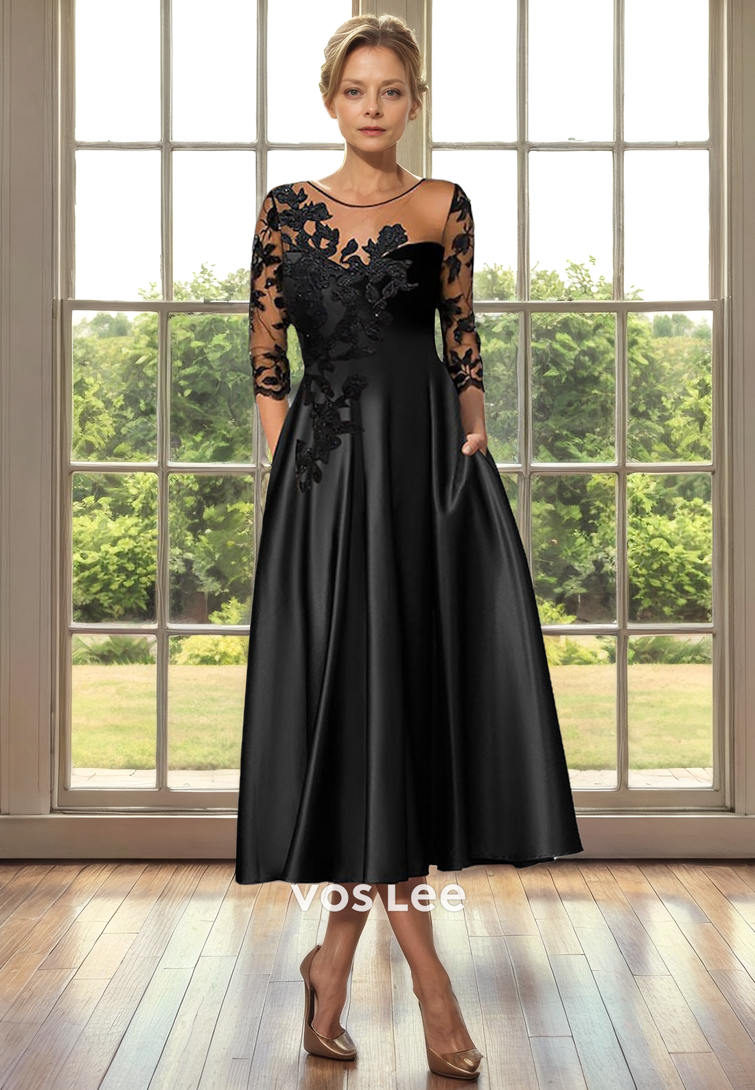 Black A-Line Scoop Neck Long Sleeves Lace Appliques Illusion Mother of the Evening Dress