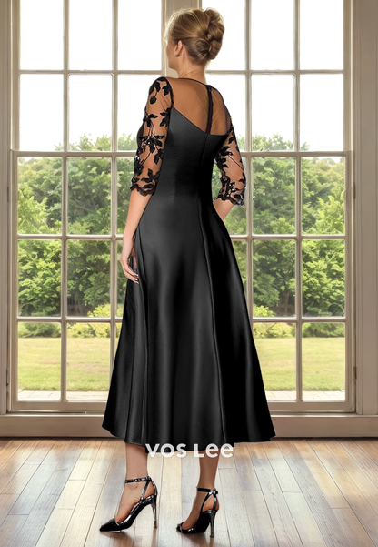 Black A-Line Scoop Neck Long Sleeves Lace Appliques Illusion Mother of the Evening Dress