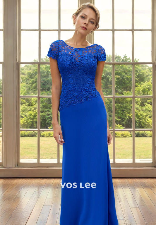 Sheath Ruyal Blue Short Sleeves Lace Appliques Draped Satin Mother of the Bride Dress