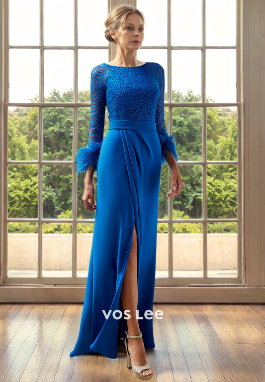 Gorgeous Bateau Long Sleeves Column Lace Appliques Feather Mother of the Evening Dress