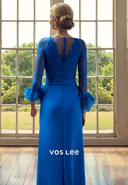 Gorgeous Bateau Long Sleeves Column Lace Appliques Feather Mother of the Evening Dress