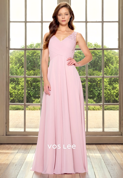 A-Line V-Neck Sleeveless Floor-Length Chiffon Mother of the Bride Dress