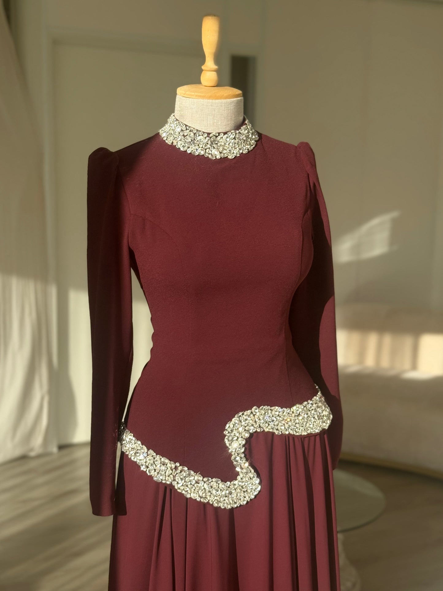 Dusty Pink High Neck Long Sleeve Crystal Waist A-Line Formal Evening Gown
