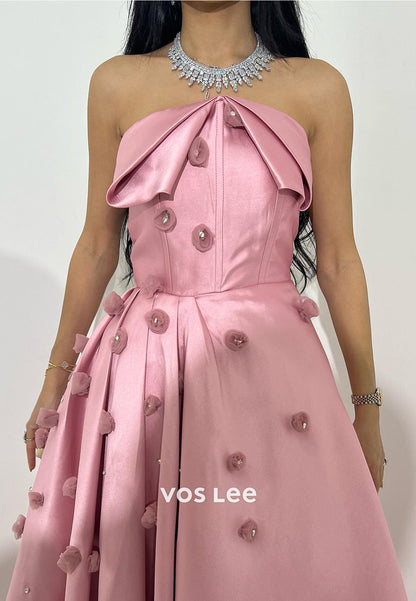 A-Line Pink 3D Flowers Strapless Rhinestone Ankle-Length Evening Dresses