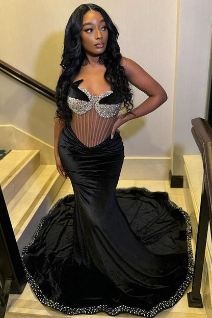 Black Sweetheart Soft Satin Mermaid Prom Dress with Beadings