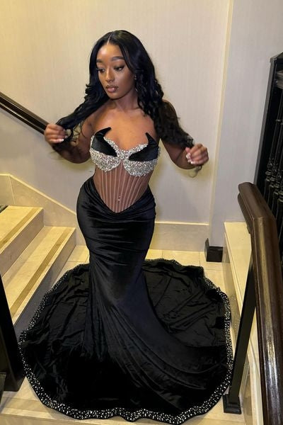 Black Sweetheart Soft Satin Mermaid Prom Dress with Beadings