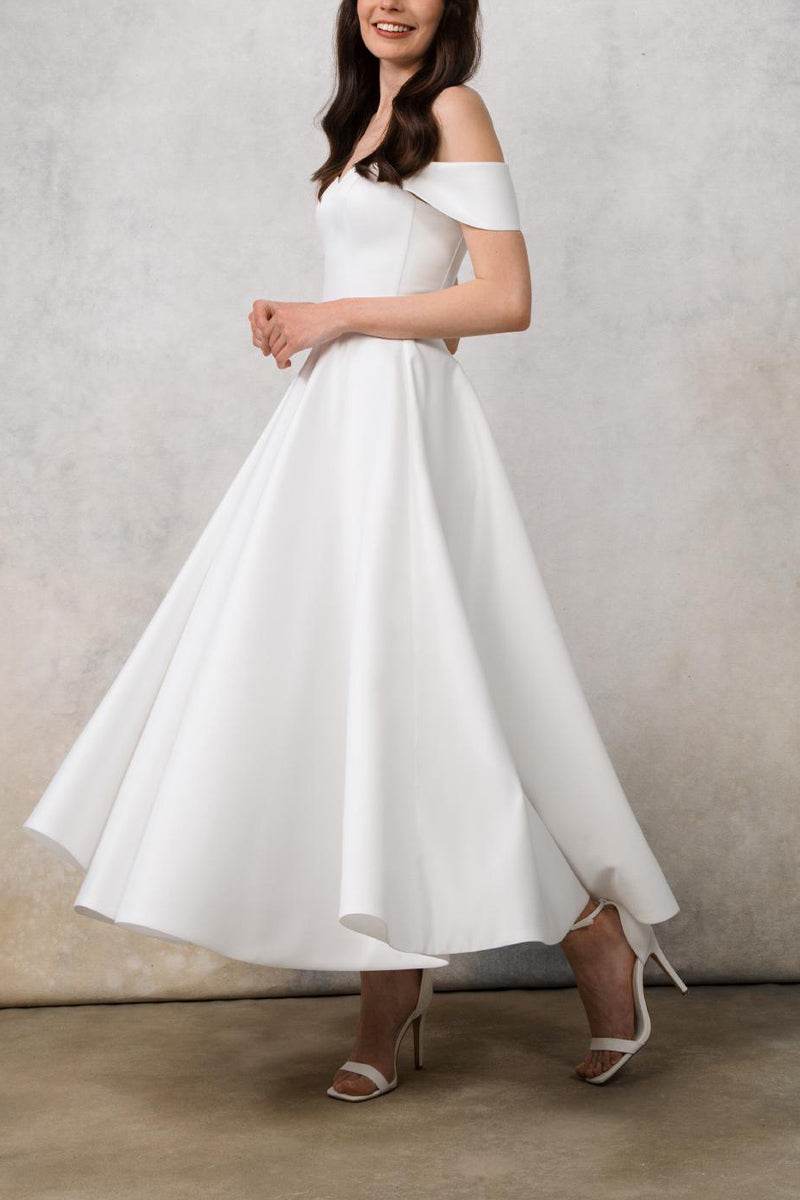 A-Line Off the Shoulder Tea Length Satin Little White Dress
