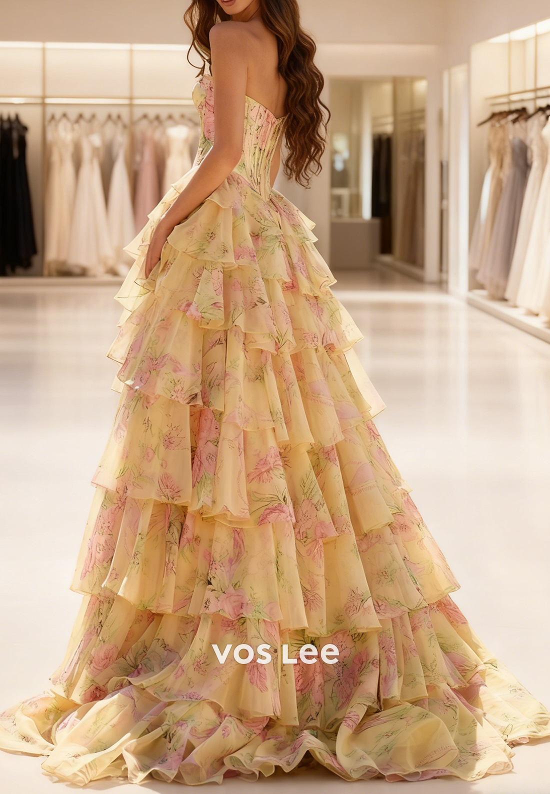 Sweetheart Bead Crystals Flower Print Tiered A-line Long Prom Dresse With Split