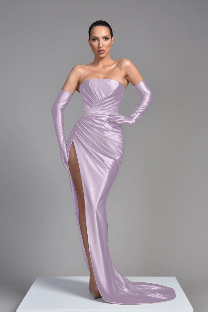 Champagne Evening Dress Half Sleeves With Pleated High Split