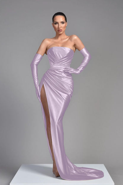 Champagne Evening Dress Half Sleeves With Pleated High Split