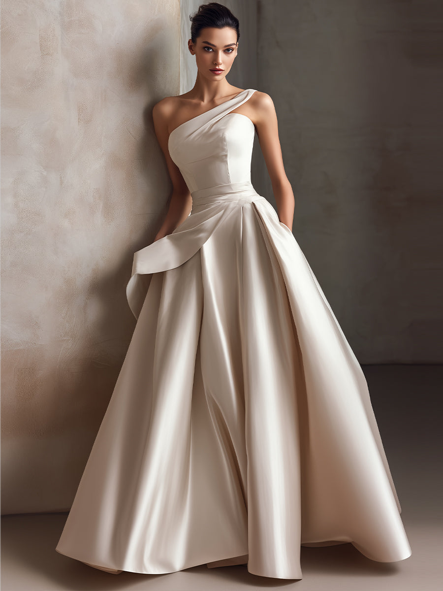 One-Shoulder Sculpted Pleated Ball Gown